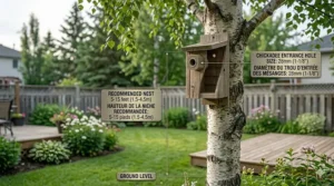 Visual comparison showing how a 1-1/8 inch hole size allows chickadees while excluding larger invasive birds like house sparrows.