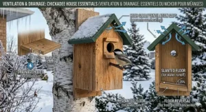 Maintenance guide showing how to clean a chickadee house (nichoir pour mésanges) using a side-hinged door for easy seasonal access.
