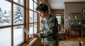 A person checking for cold drafts near a window using a feather to ensure a safe bird cage placement in winter.