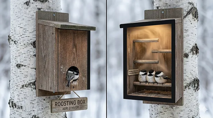 A side-by-side comparison of a winter bird roosting box and a spring nesting box used by Canadian backyard birds. difference between nesting box and roosting box