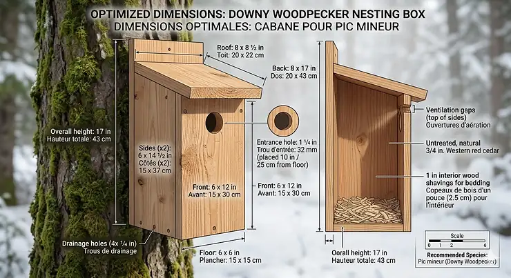 Technical diagram showing the precise measurements and optimized dimensions for a Downy Woodpecker nesting box in Canadian metric and imperial units.