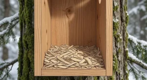 Close-up interior view of a cedar nesting box featuring wood shavings bedding required for nesting Downy Woodpeckers.