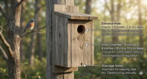 Technical diagram showing the ideal entrance hole size for an Ontario bluebird nesting box.