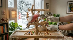 Parrot T-stand with a wide debris tray for easy cleaning in condos. / Perchoir en T avec grand plateau de propreté, idéal pour les appartements.