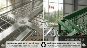 An environmental comparison in a Canadian recycling facility showing a stainless steel cage being 100 percent recyclable versus the limited recyclability of a powder-coated cage, with a Canadian flag in the background.