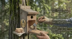 High-quality 4K photo of a Downy Woodpecker landing on a Western Red Cedar nesting box in a coniferous Canadian forest.