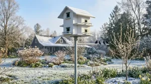 A male purple martin scout perched on a birdhouse in Canada, signaling the ideal time to put up the martin house for the season.