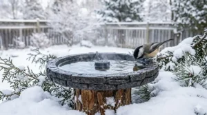 A heated bird bath providing ice-free drinking water, a crucial winter bird care essential for survival in freezing temperatures.