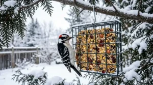 Illustration of a high-energy suet cake for Canadian winter birds to provide essential fats during extreme cold.