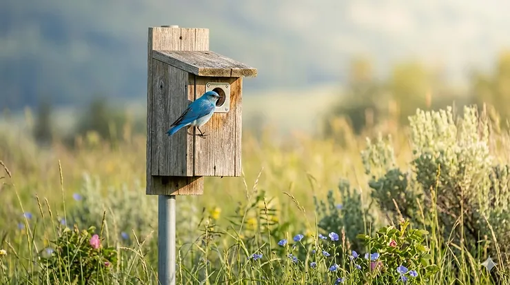 A Mountain Bluebird perched on a wooden nesting box in a Canadian meadow, featuring a predator guard to prevent house sparrows. how to prevent sparrows bluebird house