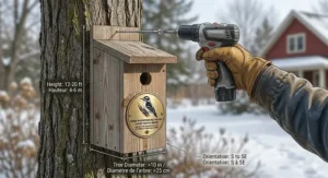 Step-by-step guide showing the proper height and orientation for mounting a woodpecker house on a Canadian hardwood tree.