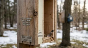 Cross-section showing thick 1-inch wood walls of a woodpecker house for winter insulation vs. thin plywood of a regular decorative birdhouse.