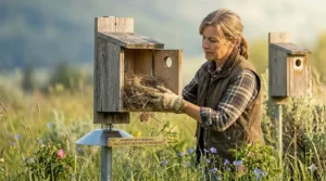 Illustration of a gardener in Canada checking a nesting box to remove invasive sparrow nests and protect local bluebird populations.
