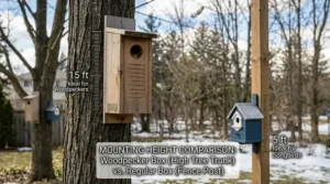 Infographic showing a woodpecker house mounted 15 feet high on a trunk vs. a regular birdhouse mounted 5 feet high on a fence post.