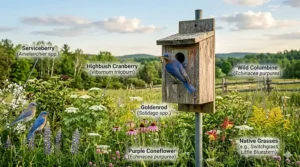 Illustration of Ontario native plants like Serviceberry that attract bluebirds to nesting boxes.