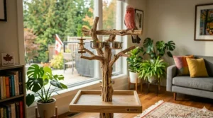 Natural dragonwood parrot T-stand featuring a textured grip for claw health. / Perchoir en T en bois naturel pour perroquet avec surface antidérapante.