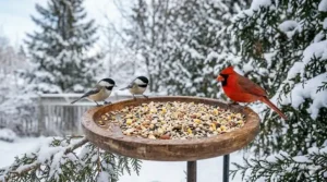 Illustration of no-waste bird seed mix, an essential winter bird care item that keeps feeding stations clean and efficient.