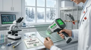 A Canadian laboratory setting showing a technician using an XRF scanner on a green powder-coated cage grid to verify it is lead-free and non-toxic, with a Health Canada approved certificate on the desk.