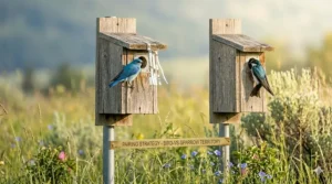 Illustration of paired nesting boxes in a Canadian backyard, a strategy to prevent sparrows by encouraging native bird competition.