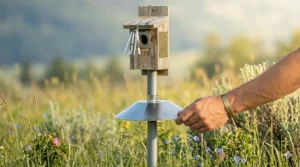 Illustration of a bluebird house (nicho pour merle bleu) mounted on a smooth metal pole with a baffle to stop predators and sparrows.