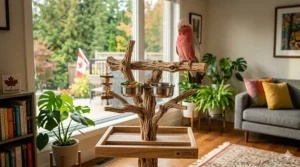 Portable tabletop parrot T-stand for easy transport between rooms. / Perchoir en T portatif pour perroquet, facile à déplacer d'une pièce à l'autre.