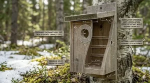 Detailed view of a wooden predator guard installed over a 28mm chickadee house entrance hole to deter squirrels and cats.