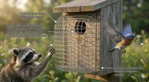 Diagram of a Noel predator guard installed on a bluebird nesting box to deter Ontario wildlife.