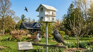 Close-up of a gardener adding pine needles to a purple martin house compartment before the birds arrive in Canada.