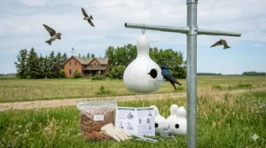 Illustration of a vertical gourd rack system, a popular purple martin house for beginners in rural Canada.
