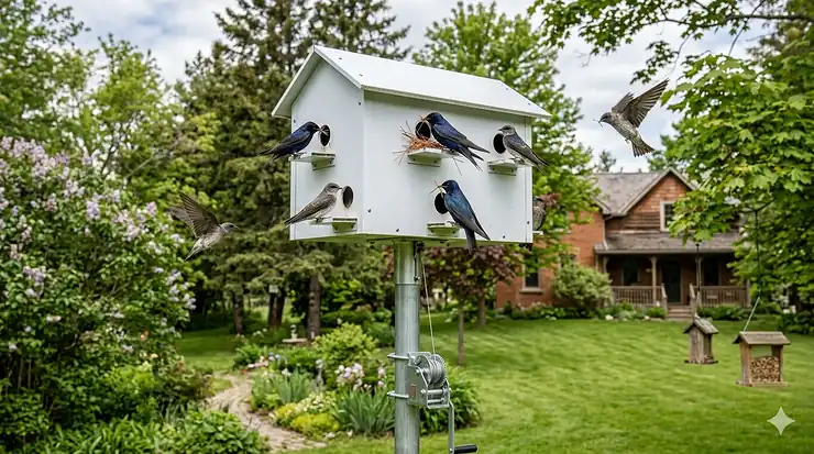 A multi-compartment purple martin house for beginners installed in a lush Ontario backyard during spring.