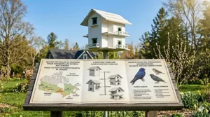Technical diagram showing the recommended 12-meter clearance from trees for a purple martin house in a Canadian residential landscape.