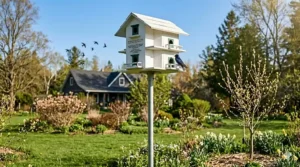A purple martin house during a late Canadian spring frost, highlighting the importance of weather-dependent timing for bird safety.