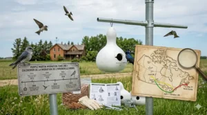 A map illustration showing the arrival dates of purple martins across Canada from April to May.