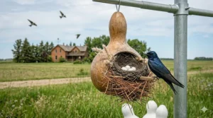 Illustration of dried pine needles and mud used as nesting materials for purple martins in Canada (hirondelle noire).