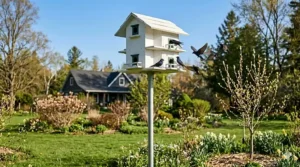 Bilingual infographic in English and French showing the best months for when to put up purple martin houses across Canada.