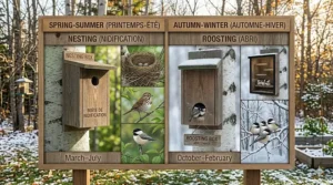 Roosting box interior featuring low entry hole and perches designed to trap heat for Canadian winters.