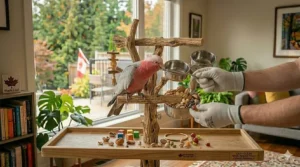 Small parrot T-stand used for positive reinforcement training sessions. / Petit perchoir en T utilisé pour les séances d'entraînement des perroquets.