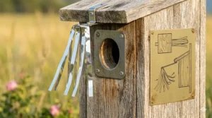 Diagram showing how to install a sparrow spooker with reflective strips on a birdhouse to protect bluebird eggs.