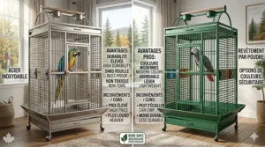 A high-detail comparison of cage materials in a Canadian living room, featuring a blue-and-gold macaw in a stainless steel cage versus a grey parrot in a powder-coated green cage with bilingual benefit lists.