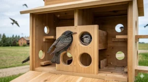 Diagram of starling-resistant entrance holes (SREH) to protect Canadian martins from invasive species.