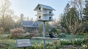 A busy colony of purple martins flying around a large birdhouse in a sunny Canadian garden during the peak nesting month of June.