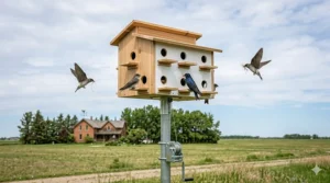 A beginner-friendly T-14 wooden purple martin house design popular in the Canadian Prairies.