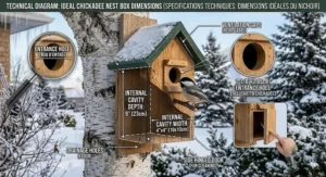 Illustrated guide for where to hang a chickadee house in Canada, showing ideal mounting height between 5 and 15 feet in a backyard garden.
