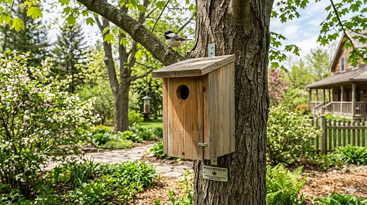 A cedar wildlife nest box kit installed on a tree in a Canadian garden, designed for local bird species.