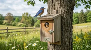 An exploded view of a DIY wildlife nest box kit featuring sustainably sourced Canadian wood and assembly hardware.