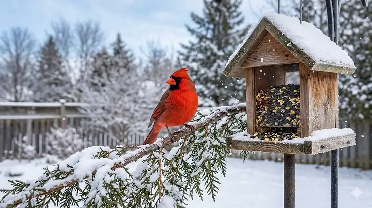 A bright red Northern Cardinal perched on a cedar bird feeder in a snowy Canadian backyard, showcasing winter bird care essentials.