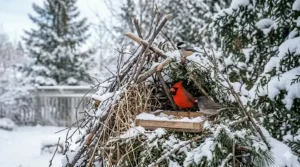 Natural backyard shelter and brush piles used as winter bird care essentials to protect birds from harsh Canadian winds.