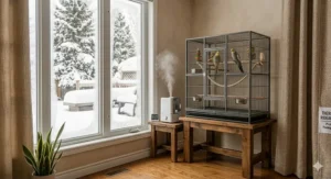 A small room humidifier placed near a bird cage to combat dry indoor air caused by Canadian winter heating systems.