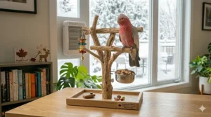 Indoor parrot T-stand setup near a bird-safe heater for Canadian winters. / Installation intérieure d'un perchoir en T près d'un chauffage sécurisé.