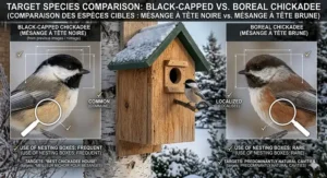 Winter roosting diagram showing how the best chickadee house provides a thermal shelter (abri hivernal) for birds during extreme cold temperatures.